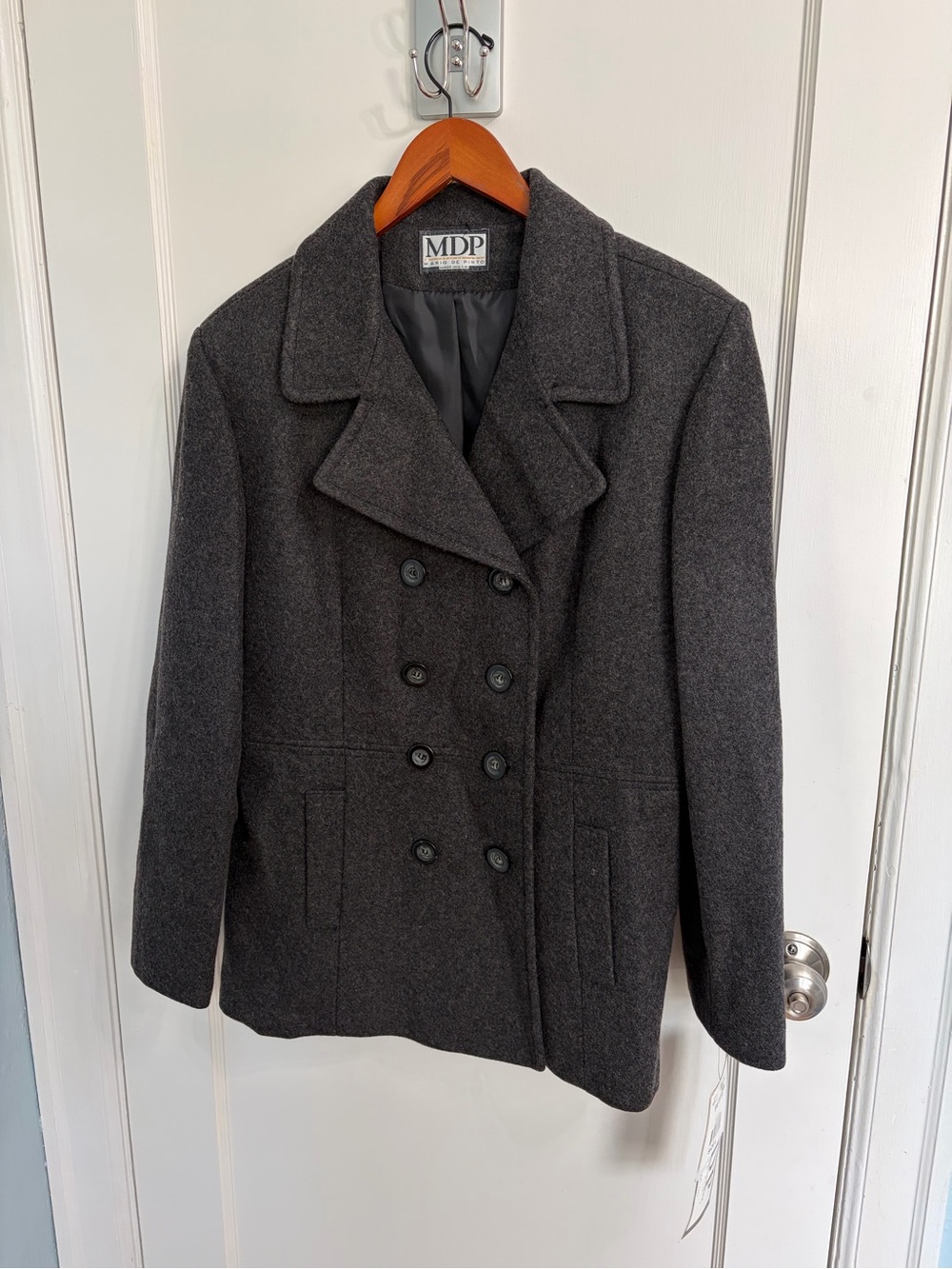 NWT MDP Vintage Charcoal Wool Peacoat Double Breasted Belt Sz L Petite